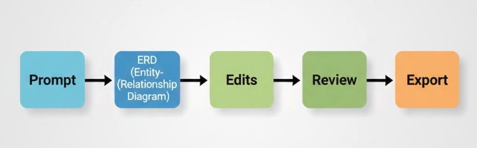 Process flow: prompt → ERD → edits → review → export